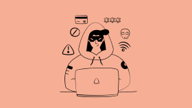 Eine minimalistische Schwarz-Wei&szlig;-Illustration auf lachsfarbenem Hintergrund. Sie zeigt eine Person (&bdquo;Hacker&ldquo;) mit Kapuzenpullover und Maske an einem Laptop. Um die Figur herum schweben verschiedene Symbole, die Phishing und Datendiebstahl symbolisieren: eine Kreditkarte, ein Warnschild, ein Totenkopf, ein WLAN-Symbol und ein Feld mit Sternchen f&uuml;r ein Passwort.