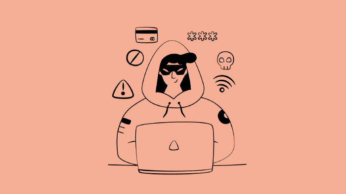 Eine minimalistische Schwarz-Wei&szlig;-Illustration auf lachsfarbenem Hintergrund. Sie zeigt eine Person (&bdquo;Hacker&ldquo;) mit Kapuzenpullover und Maske an einem Laptop. Um die Figur herum schweben verschiedene Symbole, die Phishing und Datendiebstahl symbolisieren: eine Kreditkarte, ein Warnschild, ein Totenkopf, ein WLAN-Symbol und ein Feld mit Sternchen f&uuml;r ein Passwort.