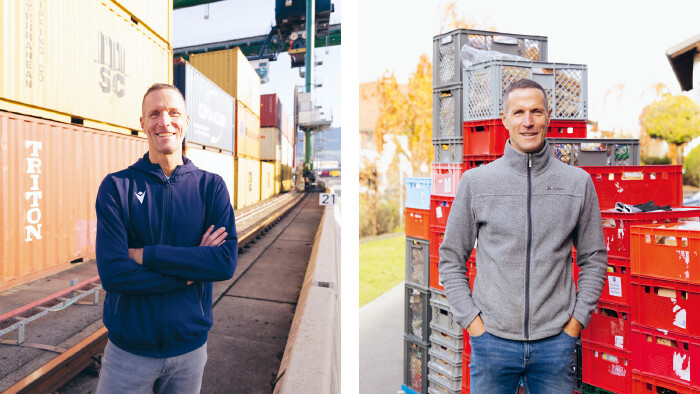 Das linke Portr&auml;t zeigt Robert Sch&ouml;rgenhofer auf einem Beitriebsgel&auml;nde, im Hintergrund sind T&uuml;rme aus Frachtcontainern zu sehen. Das rechte Portr&auml;t zeigt Robert Sch&ouml;rgenhofer bei der Ausgabestelle des Tischlein Deck Dich, im Hintergrund sind viele gestapelte Kisten mit Lebensmitteln zu sehen.