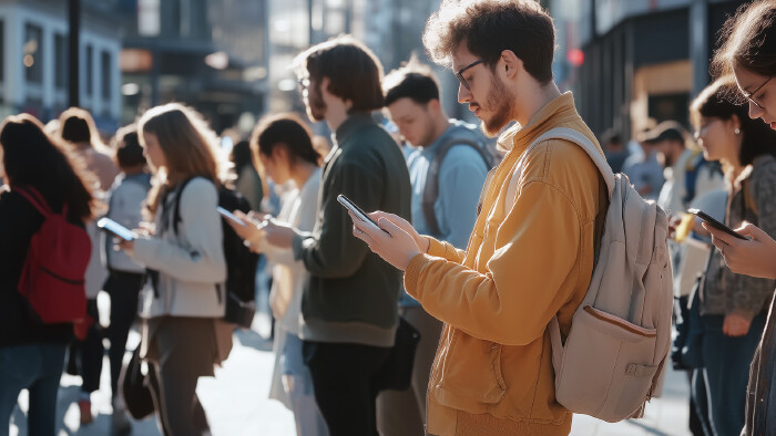 Viele junge Menschen spazieren durch die Stadt und blicken dabei gebannt auf ihr Smartphone