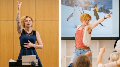 Zweiteilige Bildmontage: Links Vera Prantl-Stock in eleganter Pose im dunkelblauen Kleid bei einer Chorprobe, rechts Vera beim lebhaften Unterricht vor einer Kindergruppe. Beides zeigt sie mit ausdrucksstarker Gestik.