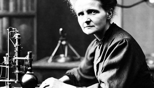 Originalaufnahme von Forscherin Marie Curie an ihrem Arbeitsplatz, wie sie in die Kamera blickt.