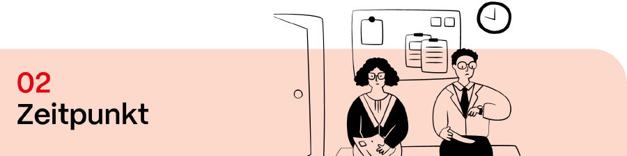 02 Zeitpunkt | Illustration zweier Personen, die vor einer Türe sitzen und warten, eine Person blickt auf die Uhr
