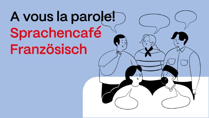 Sprachencafé Franzoesisch mit Illustration von sprechenden Personen
