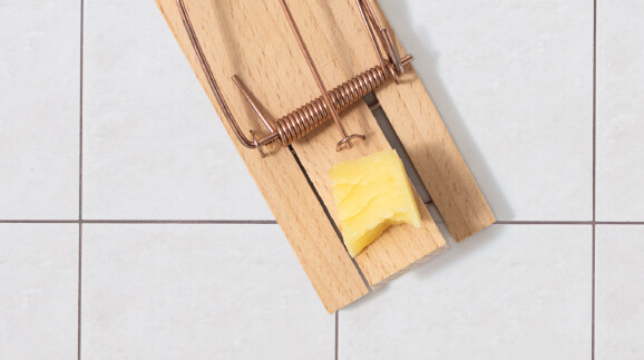 Ein klassischer Holz-Mausefalle mit gespanntem Metallb&uuml;gel, auf einem Fliesenboden platziert und mit einem St&uuml;ck K&auml;se als K&ouml;der best&uuml;ckt.