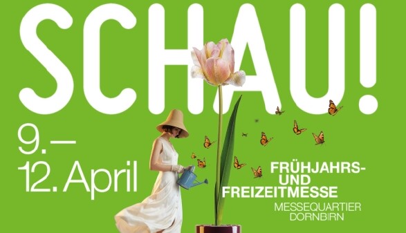 Banner SCHAU! 9.-12.April Fr&uuml;hjahrs- und Freizeitmesse, Gr&uuml;ner Hintergrund mit Frau die Tulpe gie&szlig;t, Schmetterlinge