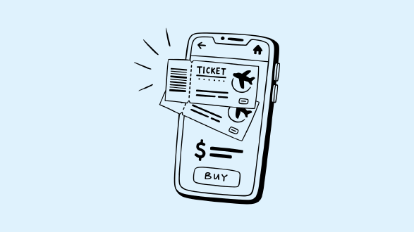 Illustration eines Smartphones mit Flugtickets auf dem Bildschirm und einem &bdquo;Kaufen&ldquo;-Button; symbolisiert Online-Buchung von Reisen und m&ouml;gliche Preisunterschiede je nach Ger&auml;t.