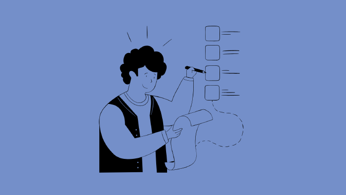 Cartoonartige Illustration einer Person mit lockigem Haar, die eine lange Schriftrolle und einen Stift hält. Die Person überprüft eine vertikale Checkliste mit vier Kästchen auf der rechten Seite. Drei Kästchen haben Textzeilen daneben, das vierte ist durch eine gestrichelte Linie mit der Schriftrolle verbunden. Hintergrund ist hellblau, die Zeichnung ist in Schwarz-Weiß gehalten.