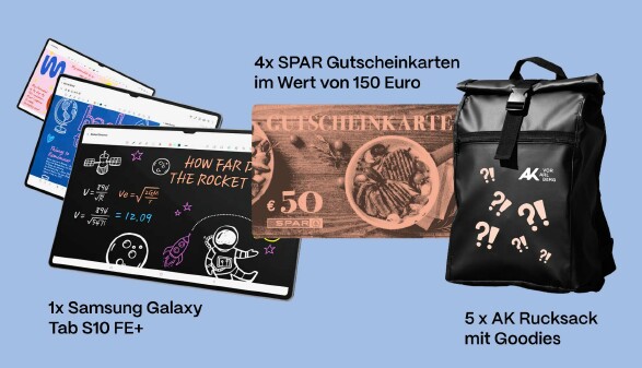 Gewinnspielgrafik mit Abbildungen von AK Rucksack, Spargutschein und Samsung Galaxy Tab S10 FE+