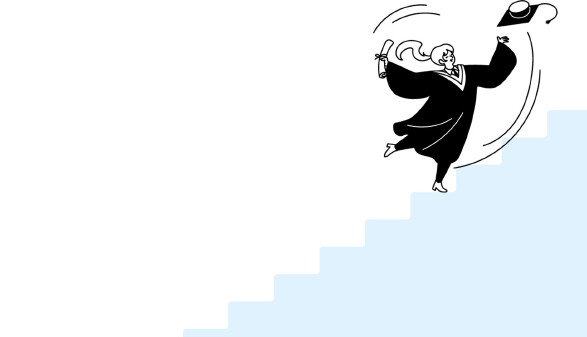 Eine reduzierte Schwarz-Wei&szlig;-Illustration einer Person in Absolventenrobe, die freudig am oberen Ende einer hellblauen Treppe steht. Sie h&auml;lt ein Diplom in der einen Hand und wirft ihren Doktorhut in die Luft.