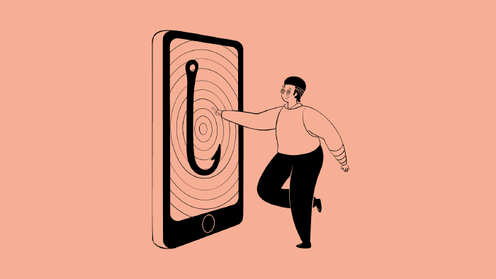 Illustration einer Person, die wie hypnotisiert in ein Handy steigt, in dem sich ein Angelhaken befindet