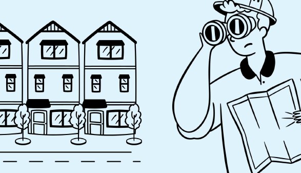 Ein stilisiertes, schwarz-wei&szlig;es Illustrationsbild zeigt links eine Reihe mehrst&ouml;ckiger Wohnh&auml;user mit B&auml;umen entlang der Stra&szlig;e und rechts eine suchende Person mit Fernglas und Stadtplan in der Hand, was die gezielte Wohnungssuche symbolisiert.