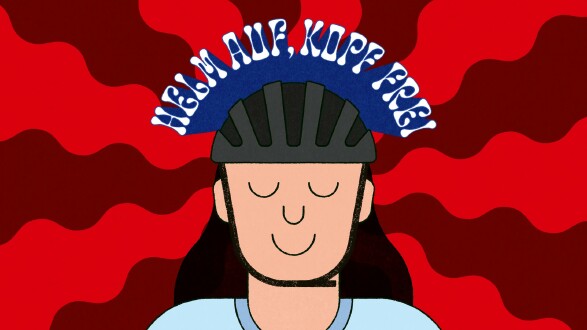 Illustration einer Frau mit Radhelm; Text: "Helm auf, Kopf frei"