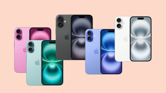  Fünf Apple iPhones 16 in verschiedenen Farben – Pink, Grün, Schwarz, Blau und Weiß – sind auf einem hellen pfirsichfarbenen Hintergrund angeordnet.