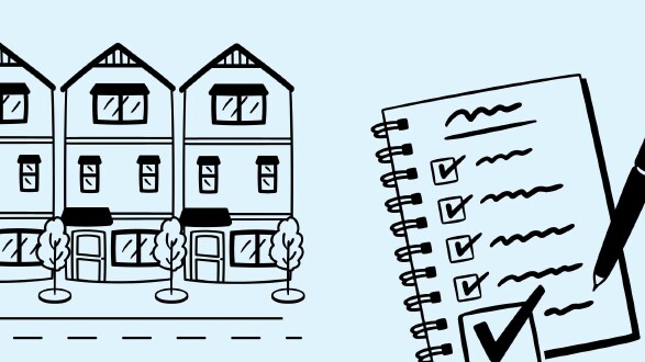 Eine stilisierte, schwarz-wei&szlig;e Illustrationsszene zeigt links mehrere mehrst&ouml;ckige Wohnh&auml;user mit B&auml;umen an der Stra&szlig;e und rechts ein aufgeschlagenes Notizbuch mit abgehakten K&auml;stchen und Stift, sinnbildlich f&uuml;r die To-do-Liste beim Auszug aus der Wohnung.