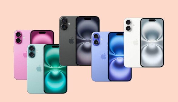  Fünf Apple iPhones 16 in verschiedenen Farben – Pink, Grün, Schwarz, Blau und Weiß – sind auf einem hellen pfirsichfarbenen Hintergrund angeordnet.