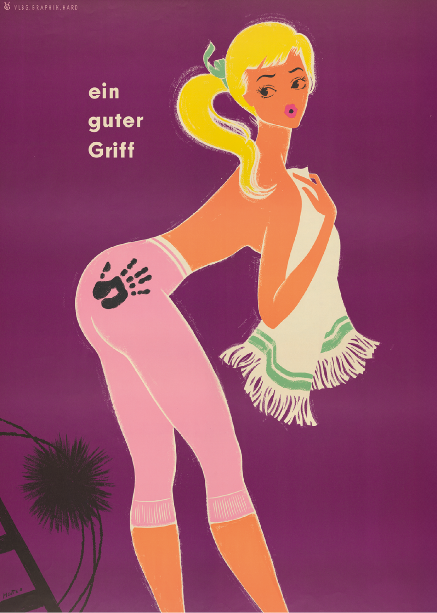 Das Bild zeigt ein historisches Werbeplakat. Zu sehen ist eine gezeichnete Frau in einer langen Unterhose, auf dem Ges&auml;&szlig; ist ein schwarzer Handabdruck.
