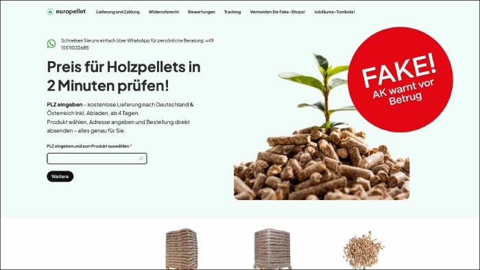 Achtung: Fake beim Pelletskauf © AK Vbg., AK Vorarlberg Bild mit Pellets und einem rote Button FAKE AK Warnt vor Betrug