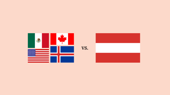 Grafik mit der Aufschrift &bdquo;VS.&ldquo; in der Mitte. Links stehen die Flaggen von Mexiko, Kanada, den USA und Island als Gruppe zusammen. Rechts befindet sich die Flagge von &Ouml;sterreich.
