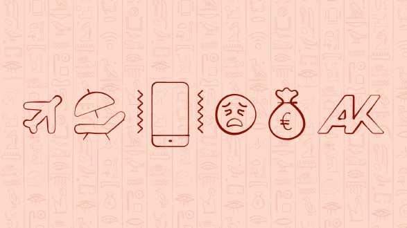 Klassisch Hieroglyphen, davor eine Reihe Emojis: Flugzeug, Liegestuhl, Handy, trauriges Emoji, Geldsack, AK Logo