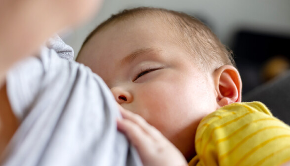 Schlafendes Baby an der Brust