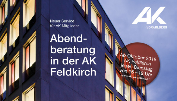 Ab Oktober jeden Dienstag Abendberatung in der AK Feldkirch © Dietmar Walser AK-Gebäude mit beleuchteten Fenstern © Dietmar Walser