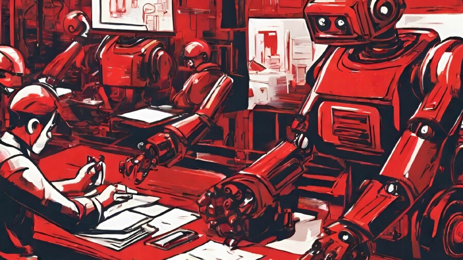 Ein roter Roboter sitzt an einem Schreibtisch, während ein Mann an einem Computer arbeitet.