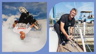 Collage aus Snowboard-Trick in der Luft und handwerklicher Arbeit auf einem Segelboot – Porträt eines Mannes, der vom Extremsportler zum Bootsbauer wurde und heute Segelboote mit Leidenschaft und Präzision fertigt.