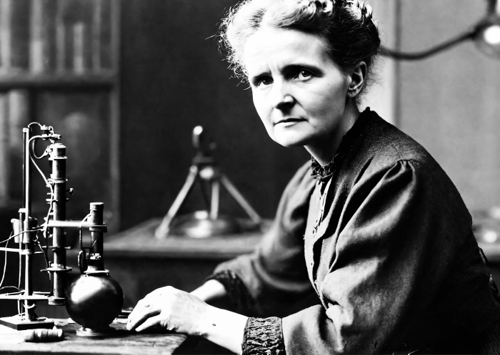 Originalaufnahme von Forscherin Marie Curie an ihrem Arbeitsplatz, wie sie in die Kamera blickt.