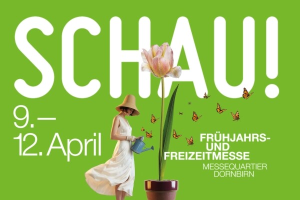 Banner SCHAU! 9.-12.April Fr&uuml;hjahrs- und Freizeitmesse, Gr&uuml;ner Hintergrund mit Frau die Tulpe gie&szlig;t, Schmetterlinge