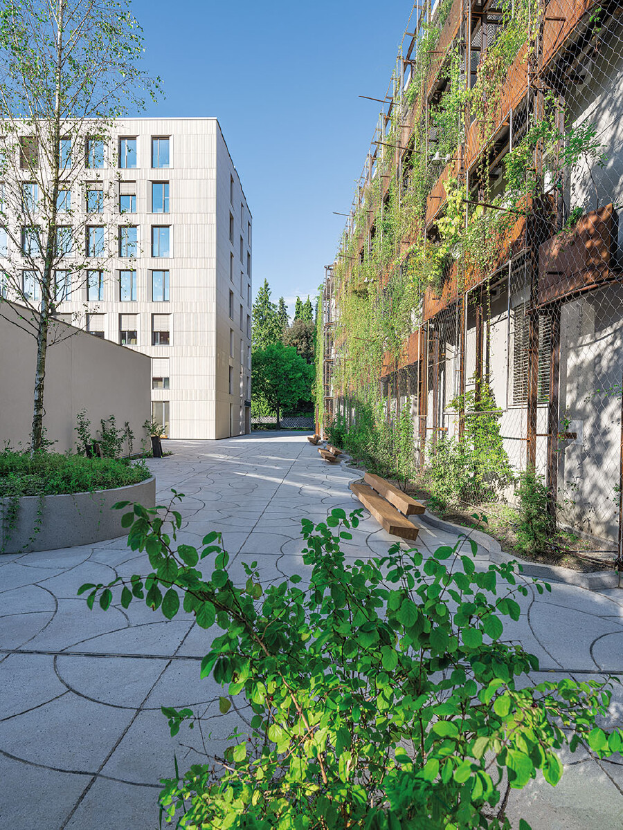 Das Foto zeigt den begr&uuml;nten Hof vor dem AK Geb&auml;ude.
