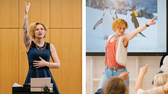 Zweiteilige Bildmontage: Links Vera Prantl-Stock in eleganter Pose im dunkelblauen Kleid bei einer Chorprobe, rechts Vera beim lebhaften Unterricht vor einer Kindergruppe. Beides zeigt sie mit ausdrucksstarker Gestik.